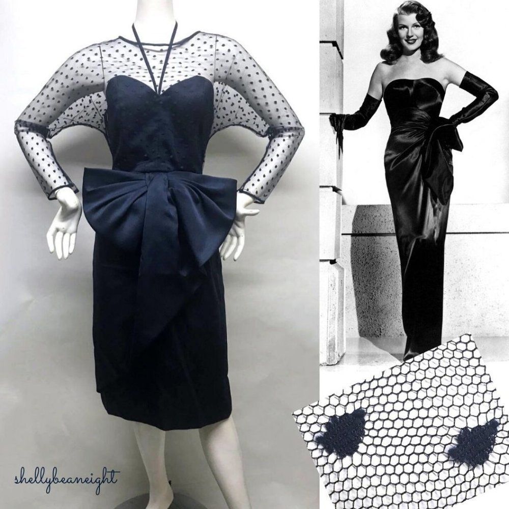 Vintage 80s does 40s VICTOR COSTA Mesh Lace Overlay BOW Dress 4 6 S